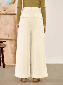 Chiquease 女式波西米亚高腰阔腿裤，金属纽扣装饰，杏色灯芯绒超长阔腿裤，春秋季休闲 - 杏色 - 查看 2