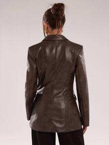 SHEIN BAE Áo khoác blazer thời trang cổ ve lật màu trơn tay dài bằng da PU cài một hàng khuy cho nữ - Cà phê nâu - Xem 2