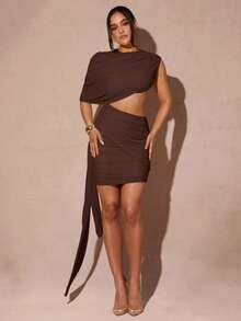 Silquee Váy ngắn xếp ly hở eo tay lệch màu gợi cảm cho nữ, mùa hè - Cà phê nâu - Xem 1