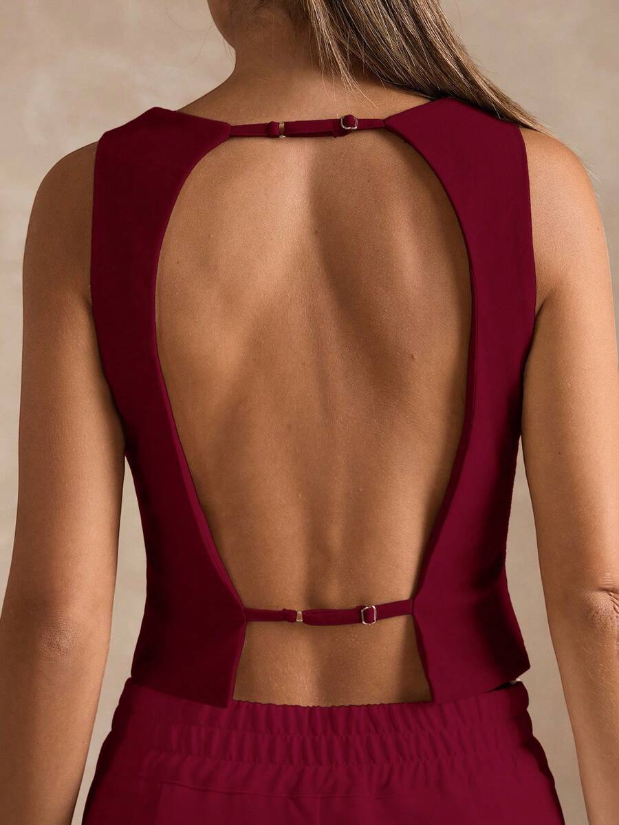 SHEIN BAE Áo vest hở lưng màu trơn gợi cảm thời trang dành cho nữ - Màu Đỏ Sâu - Xem 1