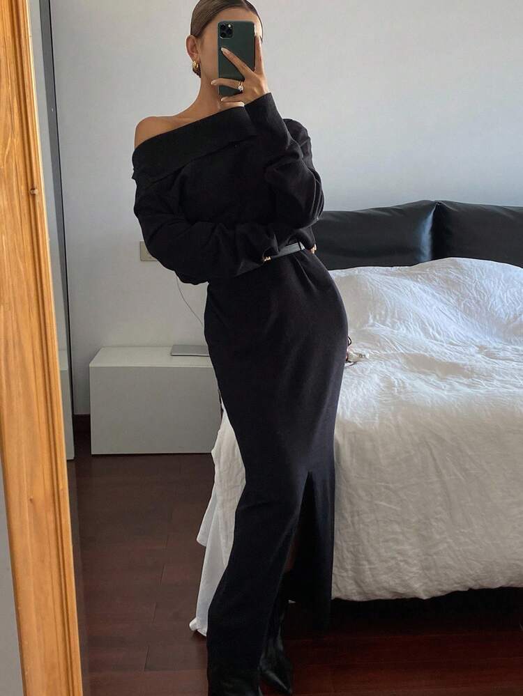 Solid Color Fitted Turndown Collar Long Sleeve Maxi Casual Street Sweater Dress For Women, Autumn/Winter