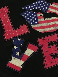 ROMWE Avant 女款韩流休闲不对称领口旗帜和爱心嘴唇印花T恤，夏季