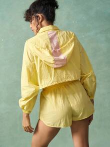 VARSIVA 2pcs/Set Women Casual Loose Long Sleeve Top And Drawstring Shorts Sportswear Set Yellow Two Piece Set Jacket And Shorts Set Yellow Shorts Women Yellow Activewear Two Piece Set Women Summer - Multicolor - View 3