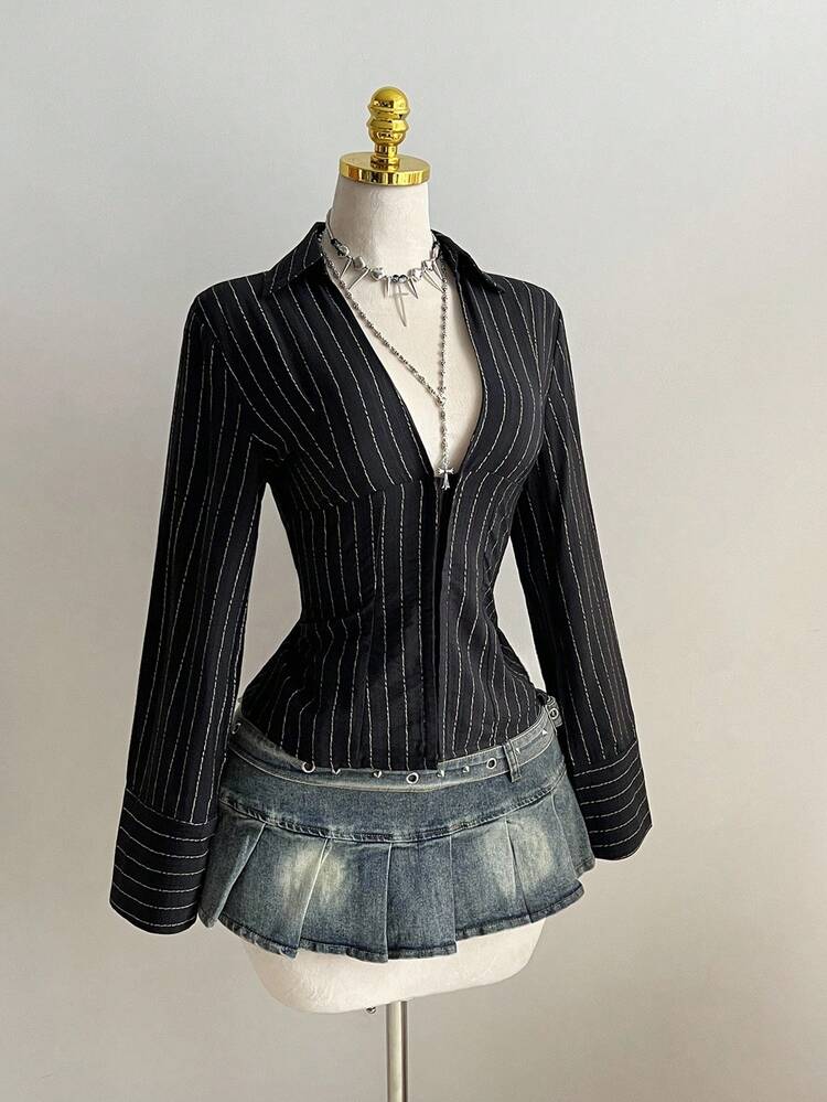 1 Peça Blusa Slim Fit de Manga Longa com Botões, Decote em V e Gola Listrada Preta, Ideal para Uso Diário e Trabalho, Inverno - Preto - Visão 3