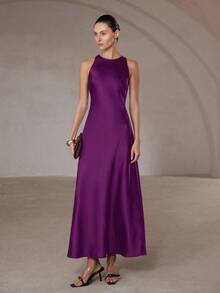 Aveloria Modichic Váy không tay dáng chữ A bằng vải acetate satin hai mặt, viền bất đối xứng, tối giản, thanh lịch dành cho nữ - Màu đỏ tím - Xem 4