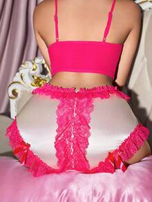 FairyFlirt 粉色撞色拉链荷叶边褶皱缎面花卉蕾丝蝴蝶结卡哇伊可爱洛丽塔音乐节派对性感女士内裤 - 粉色 - 查看 2