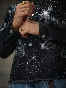 AXEPEAK Men's Washed Rhinestone Embellished Jacket, Brand High-End Lapel Stylish Short Outerwear - Black - View 6