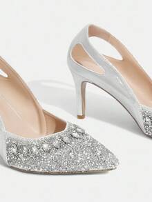 CUCCOO TILAWA Fashionable Sexy Pointed Toe Thin High Heel Hollow Out Rhinestone Glamorous Party Silver Women High Heel Pumps For Christmas - Silver - View 10