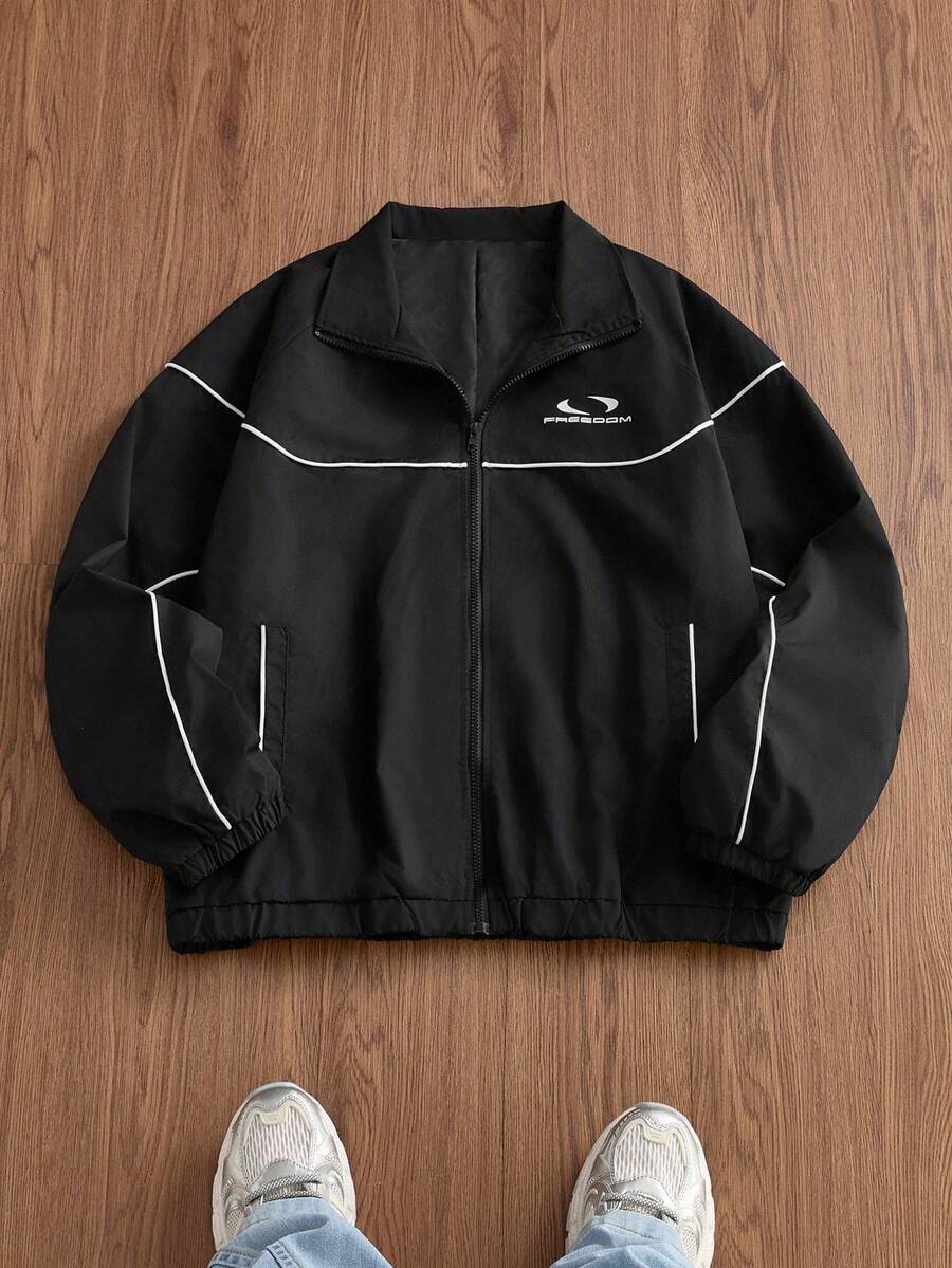 Manfinity Unisex Men's Contrast Trim Long Sleeve Woven Jacket, Fall, Winter - Black - View 1