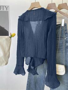 INAWLY French V-Neck Pleated Ruffle Tie Blouse - Navy Blue - View 2