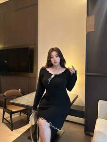 Flirla 大码女式性感修身撞色蝴蝶结针织毛衣裙 - 黑色 - 查看 2