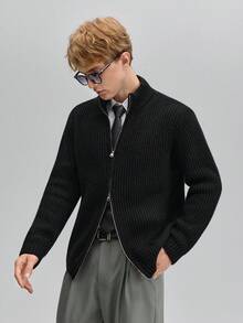 OFFICEAU Men's Turtleneck Solid Color Zip-Up Sweater, Long Sleeve, Simple & Fashionable, Suitable For Work Commute And Casual Wear, Autumn/Winter, Old Money