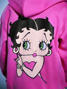 ROMWE MEN Betty Boop | ROMWE Men's Fuchsia Zip-Up Hoodie With Cartoon Graphic, Comfortable - Hot Pink - View 8
