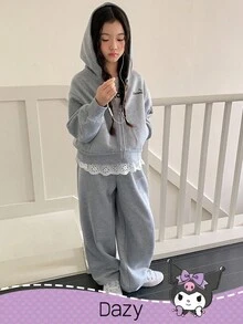 DAZY HELLO KITTY AND FRIENDS | SHEIN 秋冬款少女卡通图案针织连帽卫衣和运动裤套装 - 灰色 - 查看 5