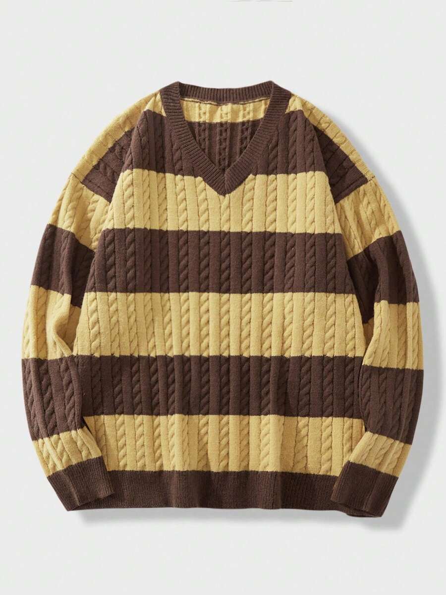 EASEVO 大码男士休闲V领长袖针织毛衣，带粗条纹图案，秋冬