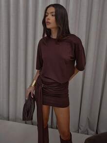 MUSERA Loose Fit Square Shoulder Fitted Skirt Drape Ring Detail T-Shirt Dress Streetwear Cute Classy Casual Sexy Going Out Fall Autumn Toffee   Party Winter  Elegant