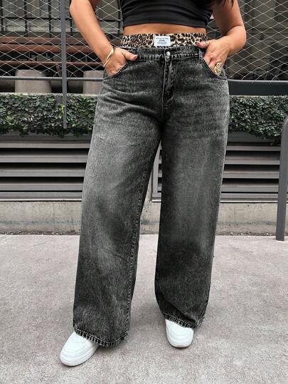 Dripcurv Plus Size Jeans, Casual Loose Straight Leg Pants With Leopard Print Waistband Wide Leg Casual Pants With Dual Waist Band Elastic Waistband Vintage Denim Straight-Leg Baggy Pants Streetwear Pants For Women Casual Fit Elastic Waistband With Contrasting Waistband And 2 In 1 Design Leopard Print Wide Leg Jeans