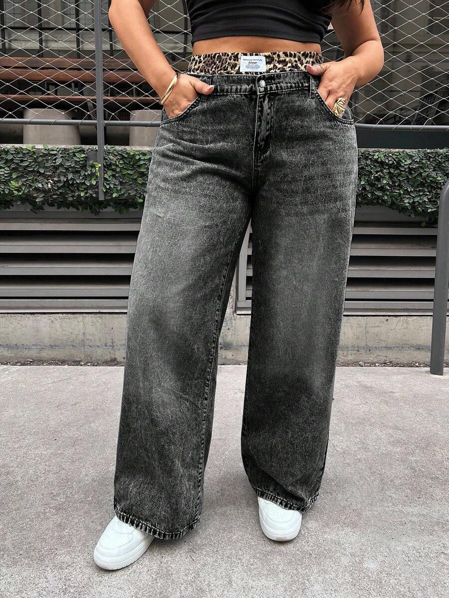 Dripcurv 加大码牛仔裤，休闲宽松直筒裤，豹纹腰带，阔腿休闲裤，双腰带松紧腰带，复古牛仔直筒宽松裤，女士街头潮流裤，休闲版型松紧腰带，撞色腰带，二合一设计豹纹 - 黑色 - 查看 1