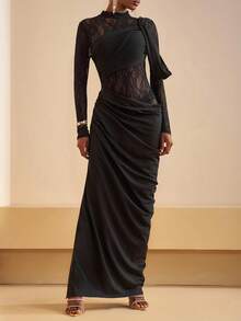 Zivah 新款秋冬优雅派对礼服，奢华高贵日常约会、生日派对、性感高端派对、夜店风、婚礼季宾客礼服、音乐节狂欢季婚礼宾客正式礼服、新娘礼服、高领长袖两件套连衣裙、蕾丝拼接针织面料、黑色透视连衣裙、紧身连衣裙、长款连衣裙、女士超长连衣裙 - 垂褶连衣裙 黑色透视连衣裙 优雅女士连衣裙 - 黑色 - 查看 4