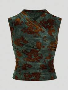SHEIN Clasi 加大码优雅花卉植绒裹身吊带背心，夏季 - 軍綠色 - 查看 1