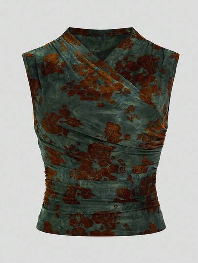 Velvienne 加大码优雅花卉植绒裹身吊带背心，夏季