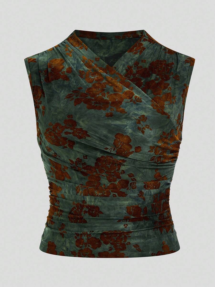 SHEIN Clasi 加大码优雅花卉植绒裹身吊带背心,夏季 - 軍綠色 - 查看 1
