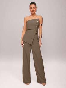 Conjunto de top bandeau asimétrico y pantalones de moda para el día a día - Marrón 2 - Ver 8