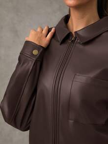 SHEIN BAE Áo khoác da PU dài tay trễ vai màu trơn cho nữ, áo khoác xuân thu thu cho nữ, áo khoác mùa đông cho nữ, áo khoác da màu đỏ tía, áo khoác mùa thu, áo khoác da dự tiệc cho nữ, thích hợp để đi du lịch và trở lại trường học - Màu nâu Sô-cô-la - Xem 7