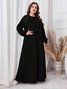 Al Najma 加大码毛绒拼布长款休闲连衣裙，秋冬款，休闲端庄束腰连衣裙，适合日常休闲/居家长款女装 - 黑色 - 查看 4