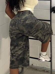 Alexandranx Women's Camouflage Patterned Casual Denim Pants With Pockets, Summer - Army Green - View 4