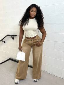 Alexandranx 女士休闲百搭牛仔裤，带口袋，宽松阔腿裤 - 卡其色 - 查看 6