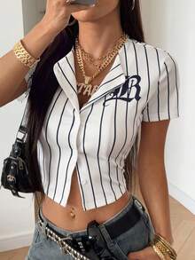 StreetHx Áo sơ mi tay ngắn in chữ kẻ sọc thường ngày cho nữ, phong cách đường phố - trắng - Xem 4