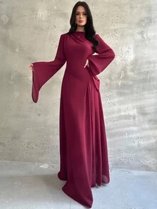 Firerie Robe longue élégante et minimaliste pour femmes, col asymétrique froncé, ourlet inégal, manches évasées, couleur bordeaux, convient pour les occasions formelles et la rentrée scolaire