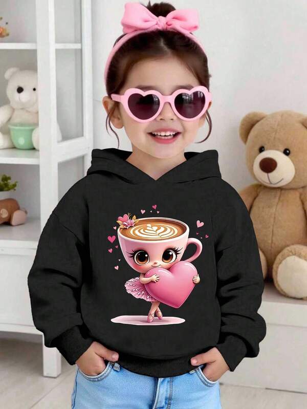 SHEIN Playful Pals Young Girl Casual Cute Funny Cappuccino Ballerina Dancer Graphic Print Sweatshirt,Black Pink Autumn School Wear,Everyday Outdoor Sports Autumn/Winter