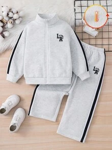 Kids 2pcs/Set Young Boys White Soft Fleece Zip-Up Hoodie And Winter Pants Set, Style Comfortable Casual Autumn Day Back-To-School Outfit For School - Multicolor - View 3