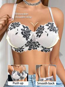 1 件女士浪漫花卉蕾丝钢圈聚拢文胸 - 黑與白 - 查看 4