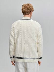 OFFICEAU 男士 Old Money V 领白色毛衣，宽松版型，麻花针织，秋冬款 - 白色 - 查看 5