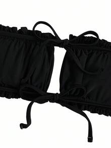 Swim Vcay Frill Trim Bandeau Tie Side Bikini Baddräkt - Svart - Visa 7