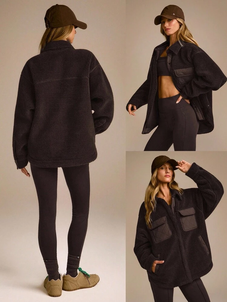 Winter Chill Warm Quilted Fleece Thick Polar Flap Pockets Hip-Length Wool-Blend Shacket Shirt Jacket Autumn Winter Outdoor Daily Casual