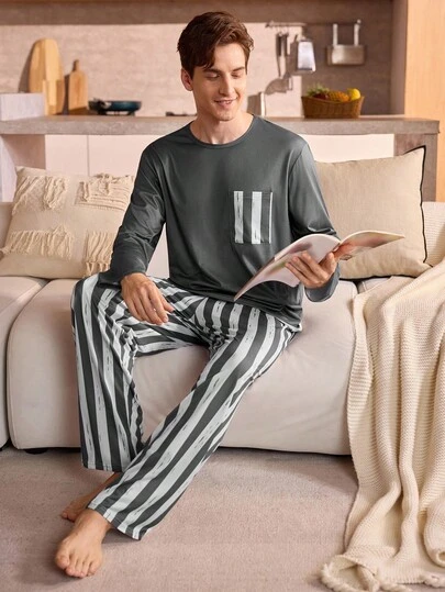 Manfinity Underwear&Sleepwear Basics 2pcs Plus Size Men's Plaid Striped Crew Neck Long Sleeve Top And Pants Pajama Set (Comfortable Loungewear)