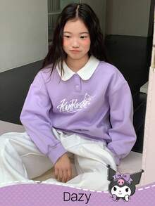 HELLO KITTY AND FRIENDS | SHEIN 秋冬款 Tween Girl 翻领针织字母图案卫衣 - 紫色 - 查看 6
