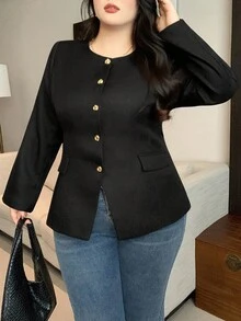 Dazy Plus 大码女式休闲开衫，喇叭袖，收腰设计，秋季女式外套 - 黑色 - 查看 6