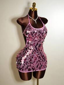 Mistrie 全新设计的性感无袖领口露背上衣亮片闪亮材质女士迷你紧身短裙，奢华年轻女士风格，高端性感女孩生日派对礼服，女士派对正式晚礼服。 - 粉色 - 查看 1