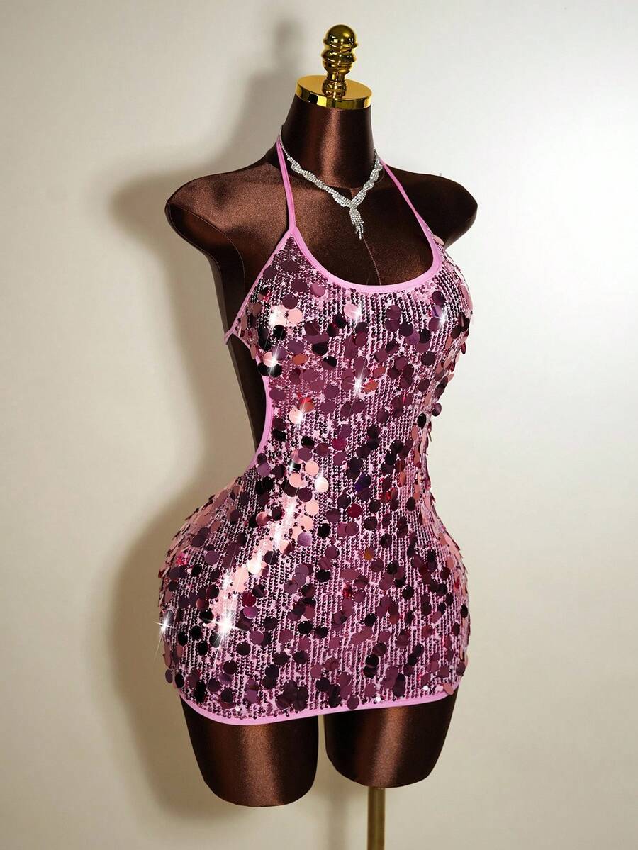 Mistrie 全新设计的性感无袖领口露背上衣亮片闪亮材质女士迷你紧身短裙，奢华年轻女士风格，高端性感女孩生日派对礼服，女士派对正式晚礼服。 - 粉色 - 查看 1