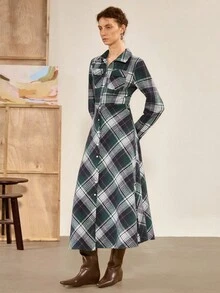 Florisole Vestido feminino vintage xadrez vermelho-marrom, manga comprida, abotoamento simples, cintura franzida, estilo para deslocamento, primavera/outono - Multicolorido - Ver 3