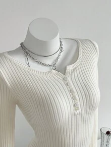 Elamini Áo len gân tay dài ôm sát màu trơn cho nữ, mùa thu - Màu be - Xem 4