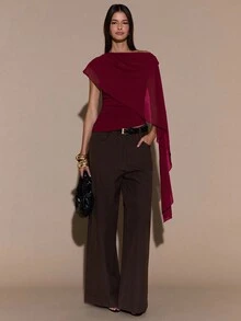 SHEIN BAE Women's Asymmetric Shoulder Ruched Neck Tie Knit Top, Elegant Fitted Sweater, Autumn/Winter,Red Top - Burgundy - View 5