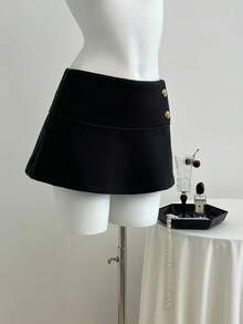 Elamini 复古风格纯色低腰纽扣装饰女士A字裙 - 黑色 - 查看 5