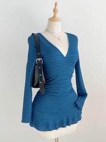 asdElamini 1 pieza Vestido mini para mujer, cuello en V azul con jacquard, cintura plisada con volantes en el bajo, estilo casual, de oficina, vintage, para otoño/inviernoasd SVPZ - Azul marino - Ver 3