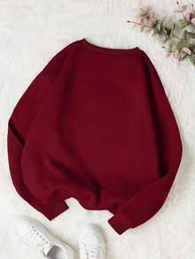 可爱的少女闭上眼睛！秋季新款超大号英文标语印花卫衣，酒红色宽松青少年休闲套头衫，舒适的街头风外套，适合日常休闲穿着，百搭，秋冬必备，轻盈舒适，秋季时尚休闲装的完美之选。图案设计，返校季，适合户外野餐、街拍、校园穿着，是散步、用餐和派对的理想之选。 - 酒紅色 - 查看 2